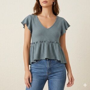 SHEIN Dusty Blue Waffle Knit Flutter Sleeve Peplum V Neck Top Womens Size M
